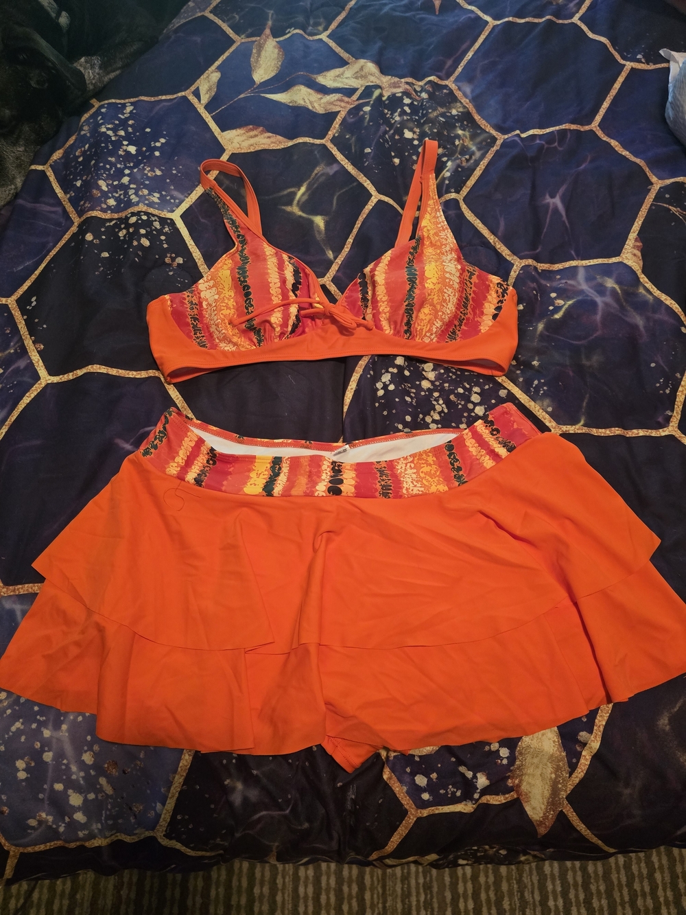 Women’s Orange Printed Bikini Top & Skirted Swim Short Set